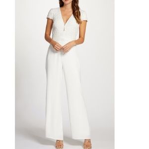 Women's White Cap-sleeve Lace-bodice CrepeJumpsuit